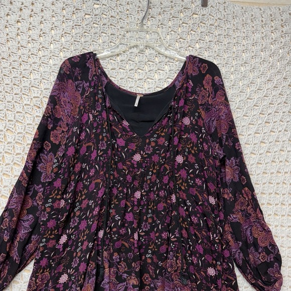 Free People Mini Tunic Dress Women Size XS Lucky Loosey Black Floral Tassel Tie - Picture 3 of 14